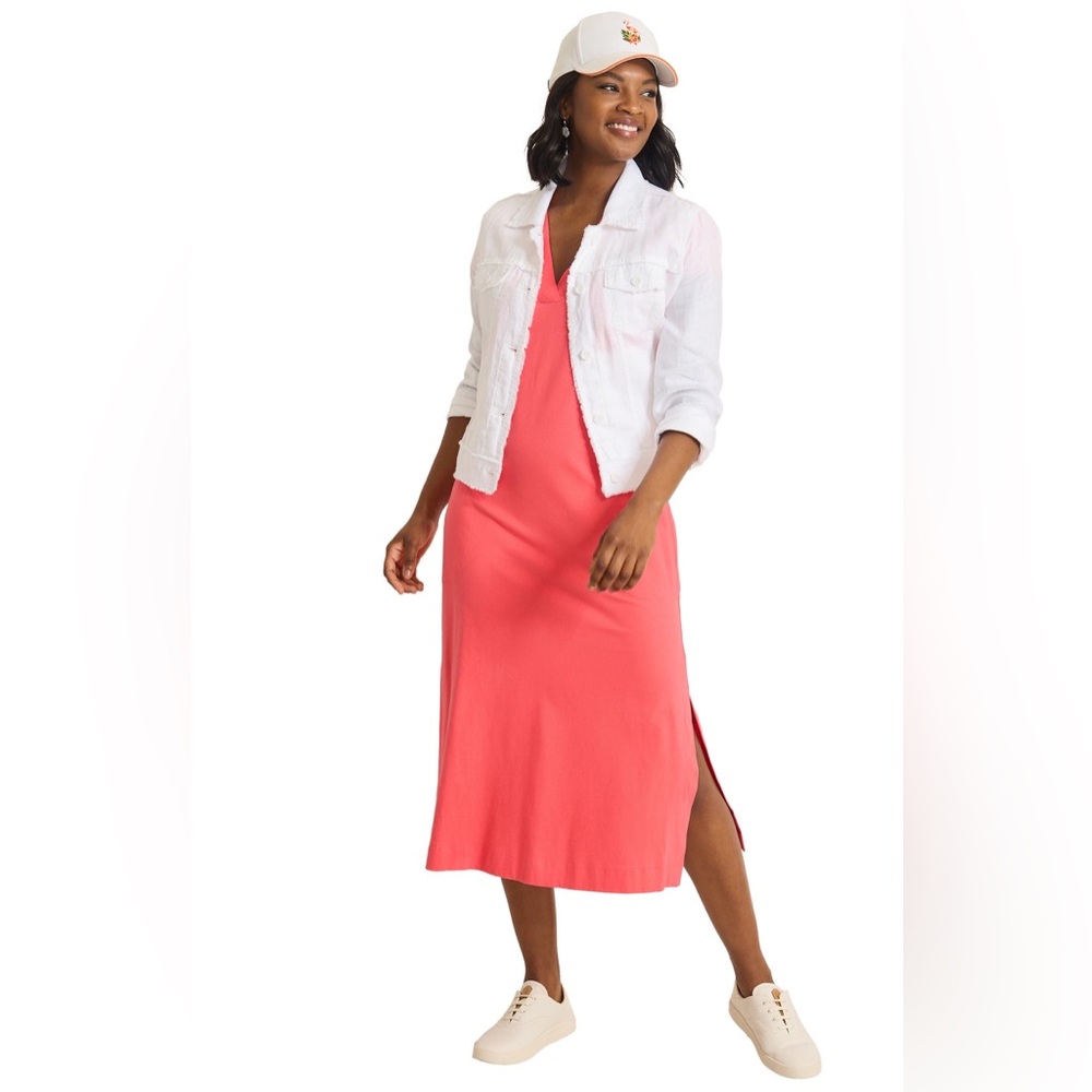 Tommy Bahama Islandscape Jersey Midi Dress NWT Melon Berry V Neck Pockets XS - Picture 3 of 16
